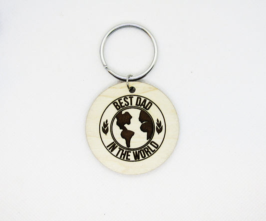 Wood Keychain - Best Dad in the World Circle Keychain - Laser Cut Engraved Keychain