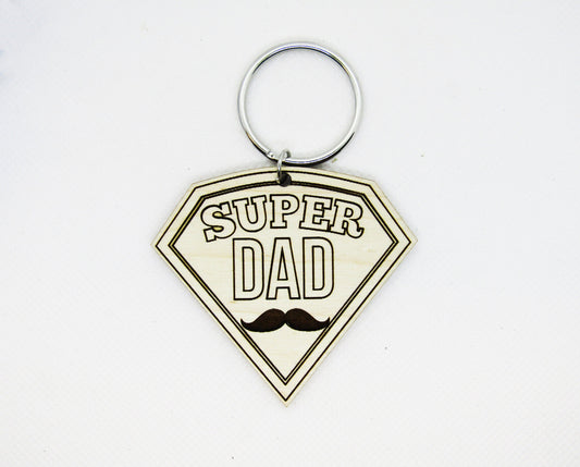 Wood Keychain - Super Dad Mustache Keychain - Laser Cut Engraved Keychain