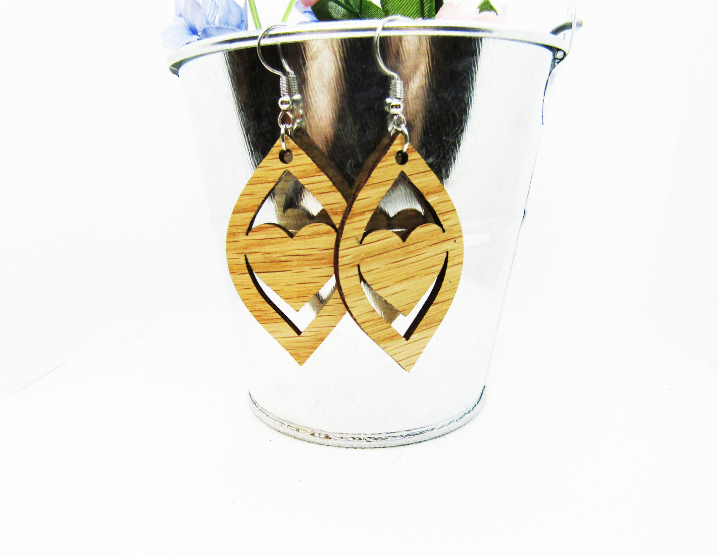 Wood Earrings - Petal Heart Cutout Earrings - Wooden Earring, Lightweight Earring, Laser Cut