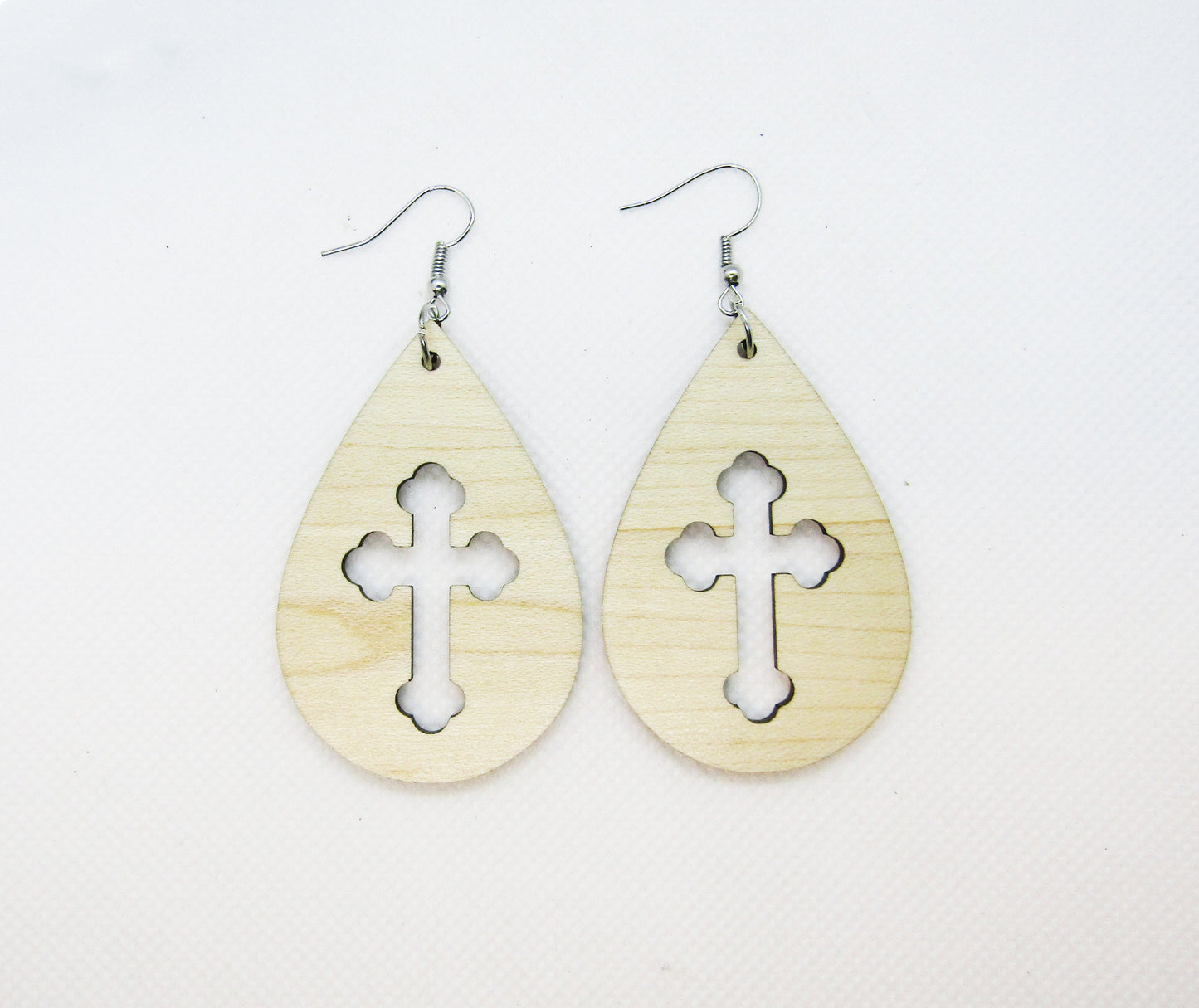 Wooden Earrings - Teardrop Cutout Decorative Cross Earrings - Wood Earring, Lightweight Earring, Laser Cut