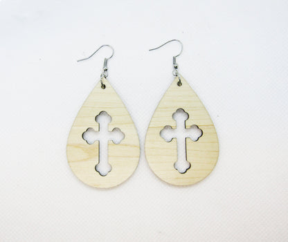 Wooden Earrings - Teardrop Cutout Decorative Cross Earrings - Wood Earring, Lightweight Earring, Laser Cut