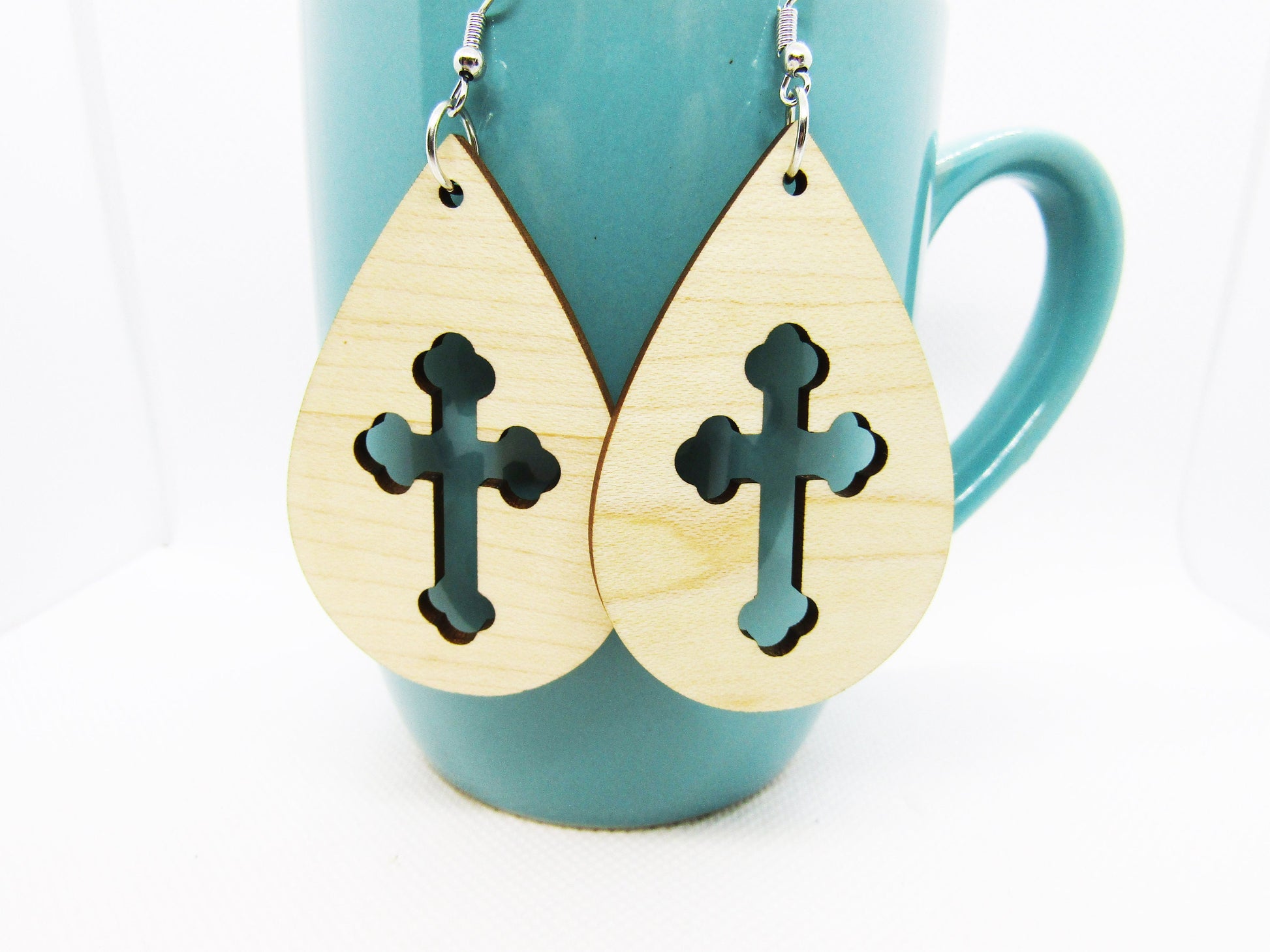 Wooden Earrings - Teardrop Cutout Decorative Cross Earrings - Wood Earring, Lightweight Earring, Laser Cut