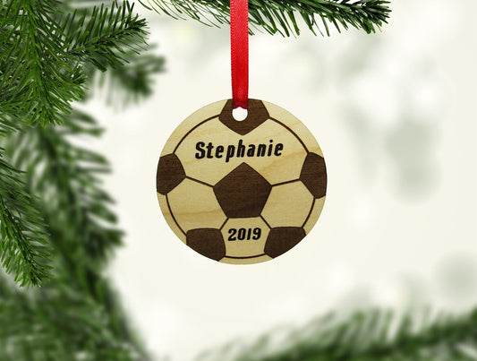 Soccer Ball Circle Ornament - Personalized Wooden Ornament - Engraved Wooden Christmas Ornament - Engraved Wooden Gift Tag