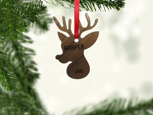 Reindeer Head Ornament - Personalized Wooden Ornament - Engraved Wooden Christmas Ornament - Engraved Wooden Gift Tag