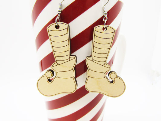 Wood Earrings - Christmas Elf Shoes - Wooden Earring - Lightweight Earring - Laser Cut - Christmas Earrings - Elf Earrings