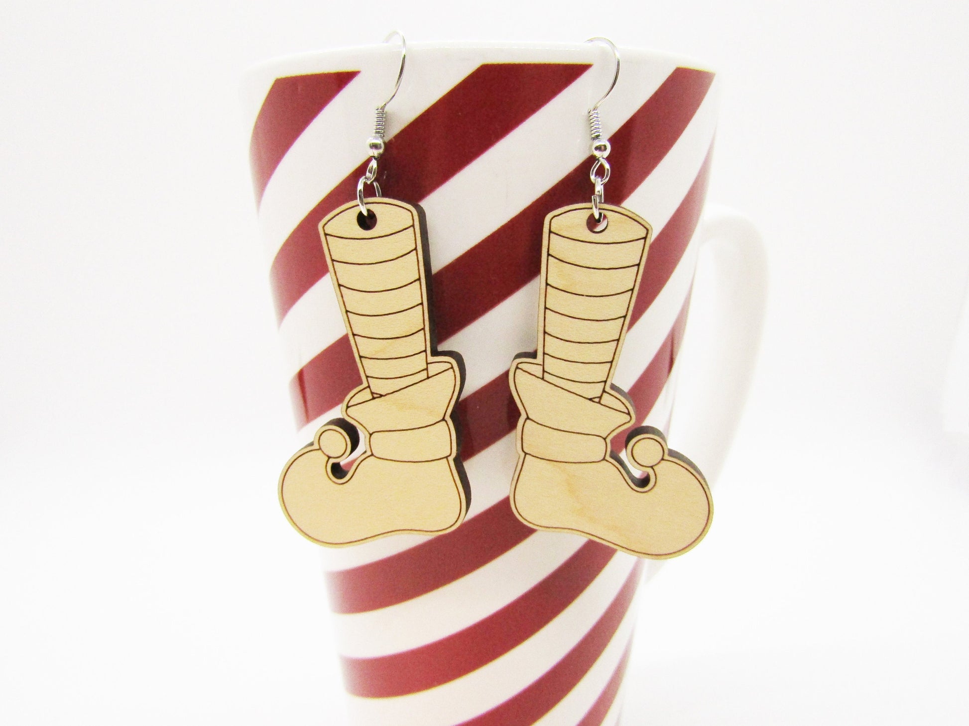 Wood Earrings - Christmas Elf Shoes - Wooden Earring - Lightweight Earring - Laser Cut - Christmas Earrings - Elf Earrings