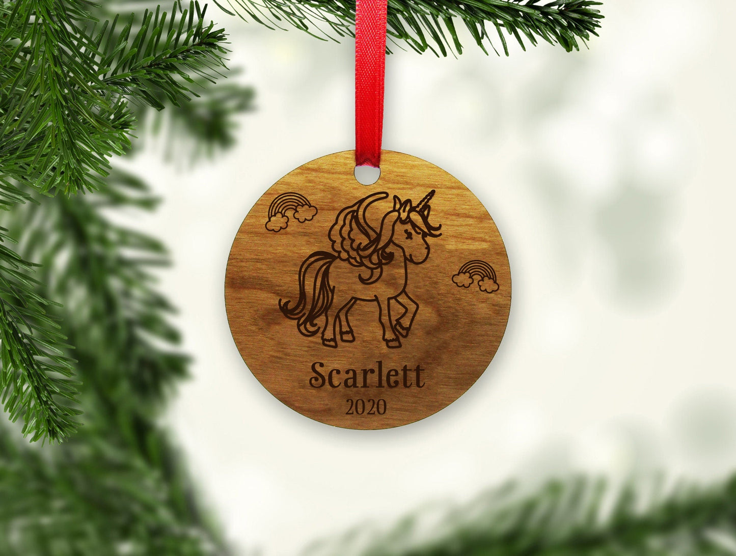 Personalized Ornament - Unicorn Rainbow Ornament, Personalized Wooden Ornament, Engraved Christmas Ornament, Engraved Wooden Gift Tag