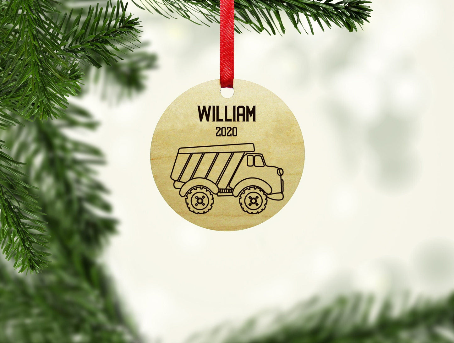 Personalized Ornament - Construction Dump Truck Ornament - Round - Wooden Ornament - Engraved Christmas Ornament - Engraved Wooden Gift Tag