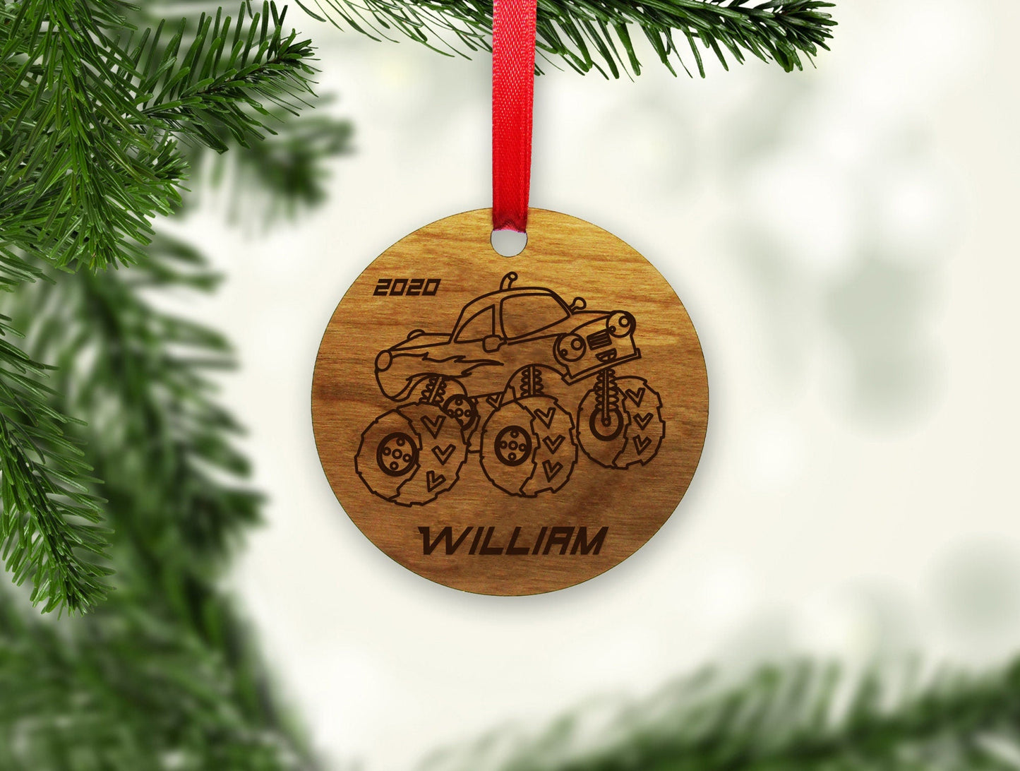 Personalized Ornament - Monster Truck Ornament - Round Ornament - Wooden Ornament - Engraved Christmas Ornament - Engraved Wooden Gift Tag