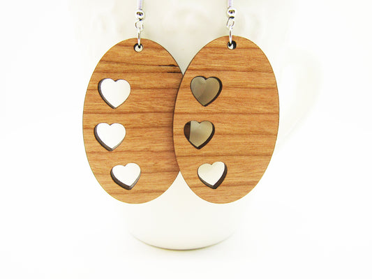 Wood Earrings - Oval Three Hearts Earrings, Wooden Earring, Lightweight Earring, Laser Cut, Valentine's Day Earrings