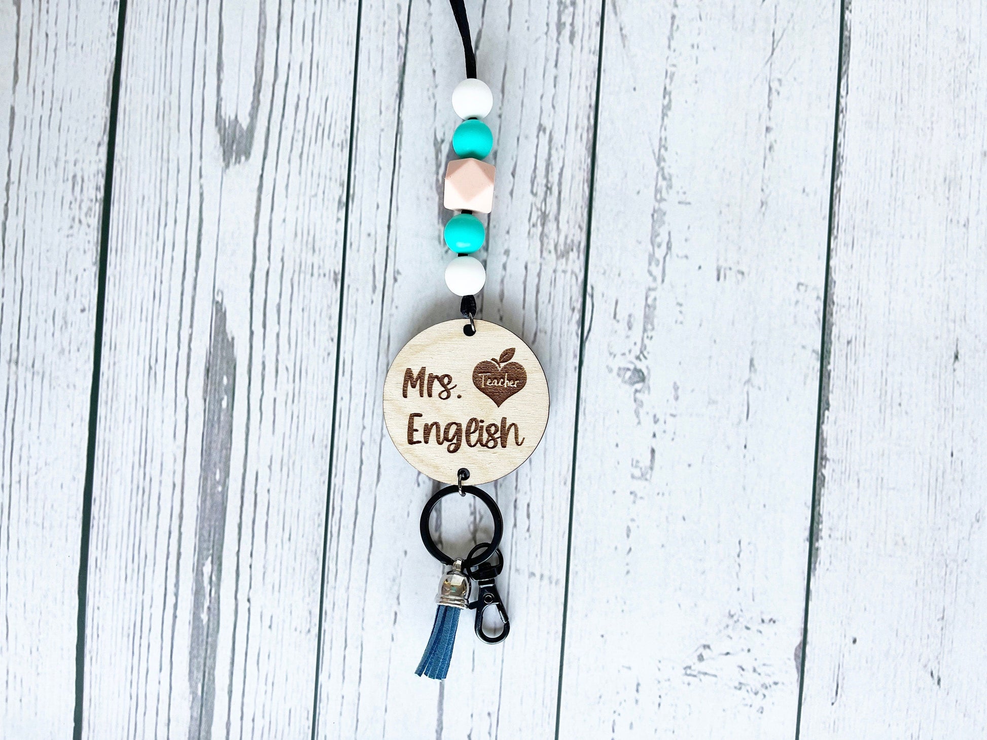 Teacher Lanyard - Heart Apple Teacher Name Lanyard, Breakaway Lanyard, Silicone Beads, Lanyard for ID Badge, Keys, Personalized Lanyard