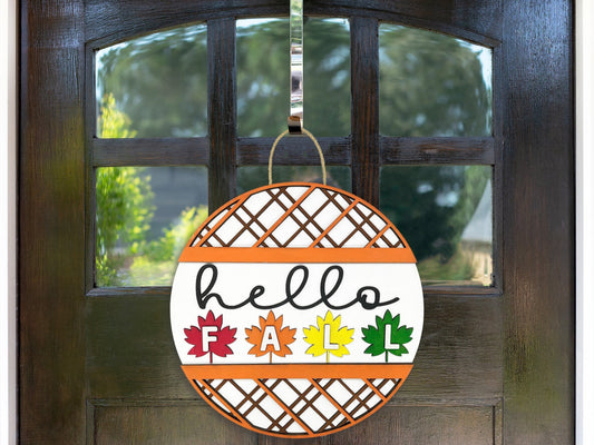 Fall Welcome Sign - Hello Fall Leaves Lattice Stripes Sign, Door Sign, Door Hanger, Wooden Sign, Home Décor, Patriotic Sign, Farmhouse Sign