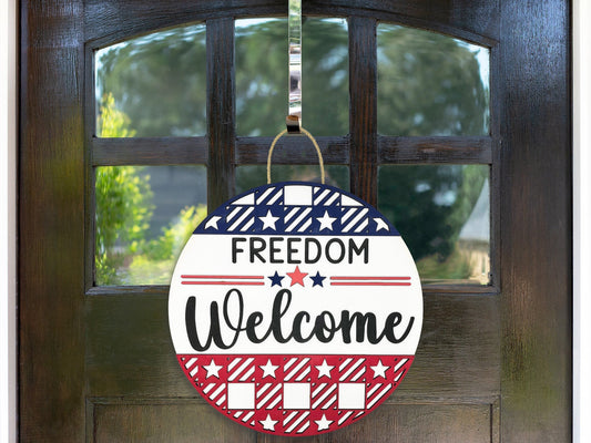 Patriotic Sign - Freedom Welcome Stars Stripes Sign, Door Hanger, Wooden Sign, Home Décor, Welcome Sign, Farmhouse Sign