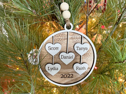 Family Names Ornament - Hearts Name Ornament, Wood Ornament, Hearts, Personalized Ornament, Name, Engraved Wooden Christmas Ornament