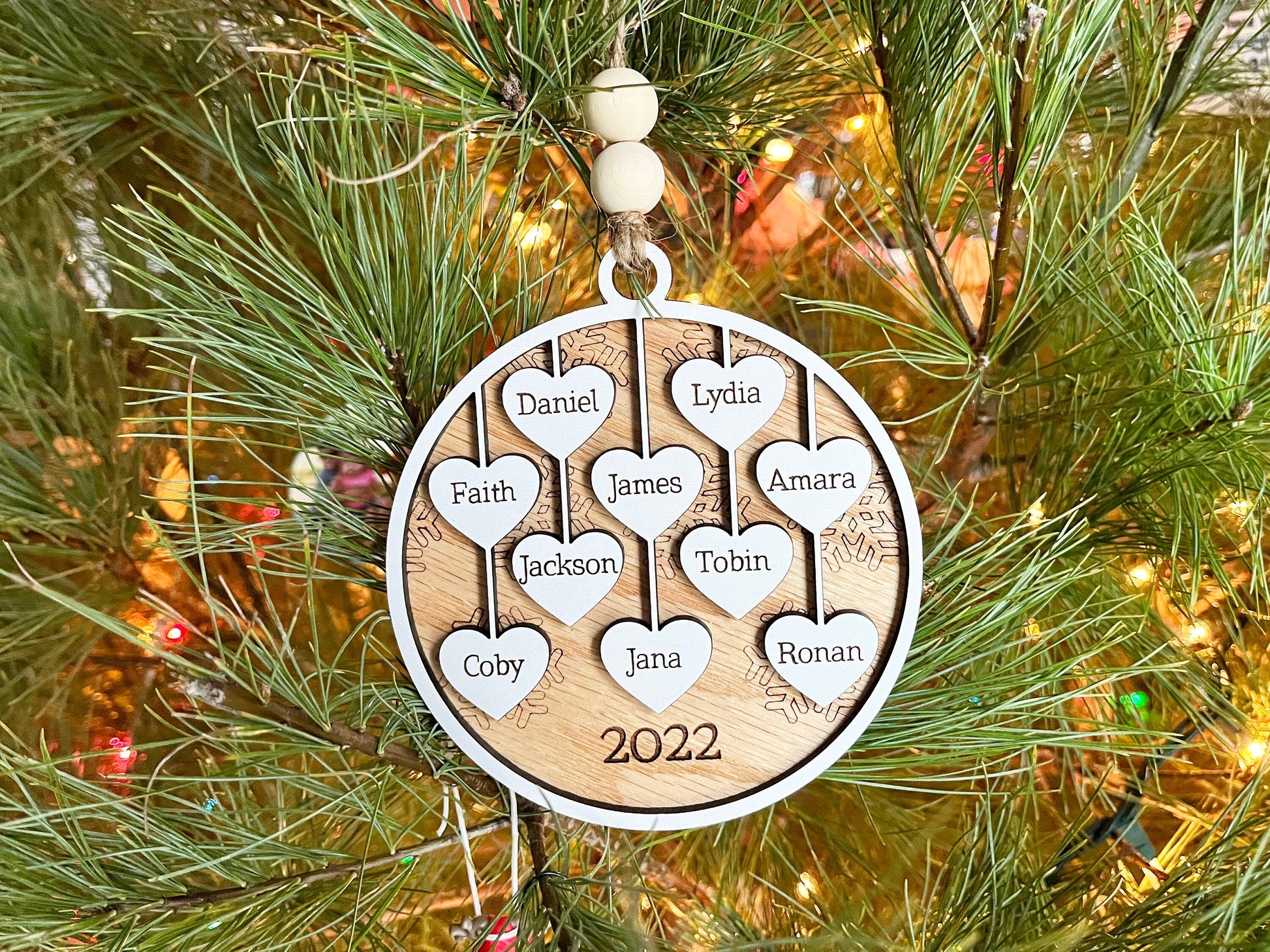 Family Names Ornament - Hearts Name Ornament, Wood Ornament, Hearts, Personalized Ornament, Name, Engraved Wooden Christmas Ornament