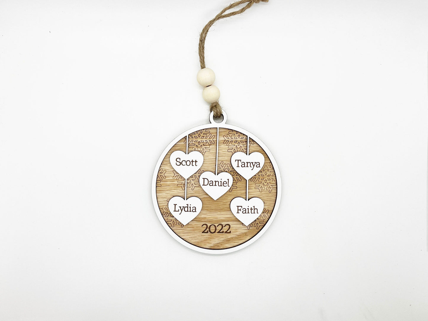 Family Names Ornament - Hearts Name Ornament, Wood Ornament, Hearts, Personalized Ornament, Name, Engraved Wooden Christmas Ornament