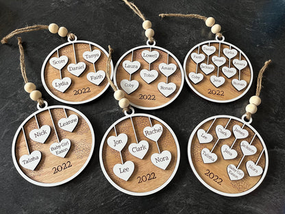 Family Names Ornament - Hearts Name Ornament, Wood Ornament, Hearts, Personalized Ornament, Name, Engraved Wooden Christmas Ornament