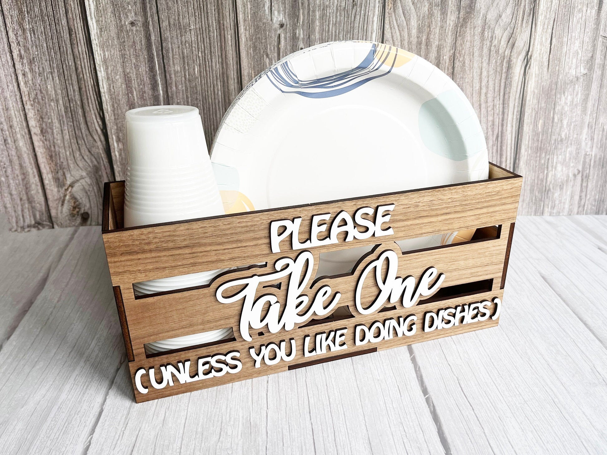 Wooden Plate and Cup Holder - Please Take One Plate Cup Crate - Plate Cup Box, Wood Cup Holder, Picnic Crate, Kitchen Organizer, Home Decor