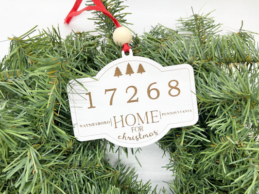 Zip Code Home for Christmas Ornament - Personalized Zip Code Wooden Ornament - Custom Wood Christmas Ornament - City, Town, State Gift Tag