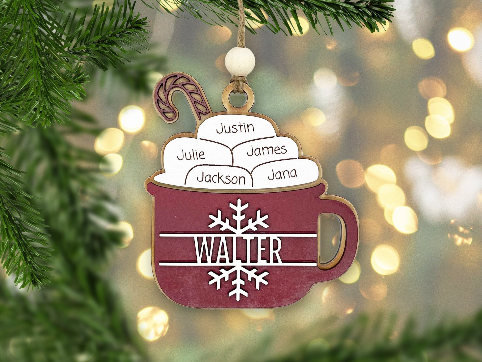 Hot Cocoa Name Ornament - Family Names Ornament, Wood Ornament, Personalized Ornament, Name, Engraved Wooden Christmas Ornament