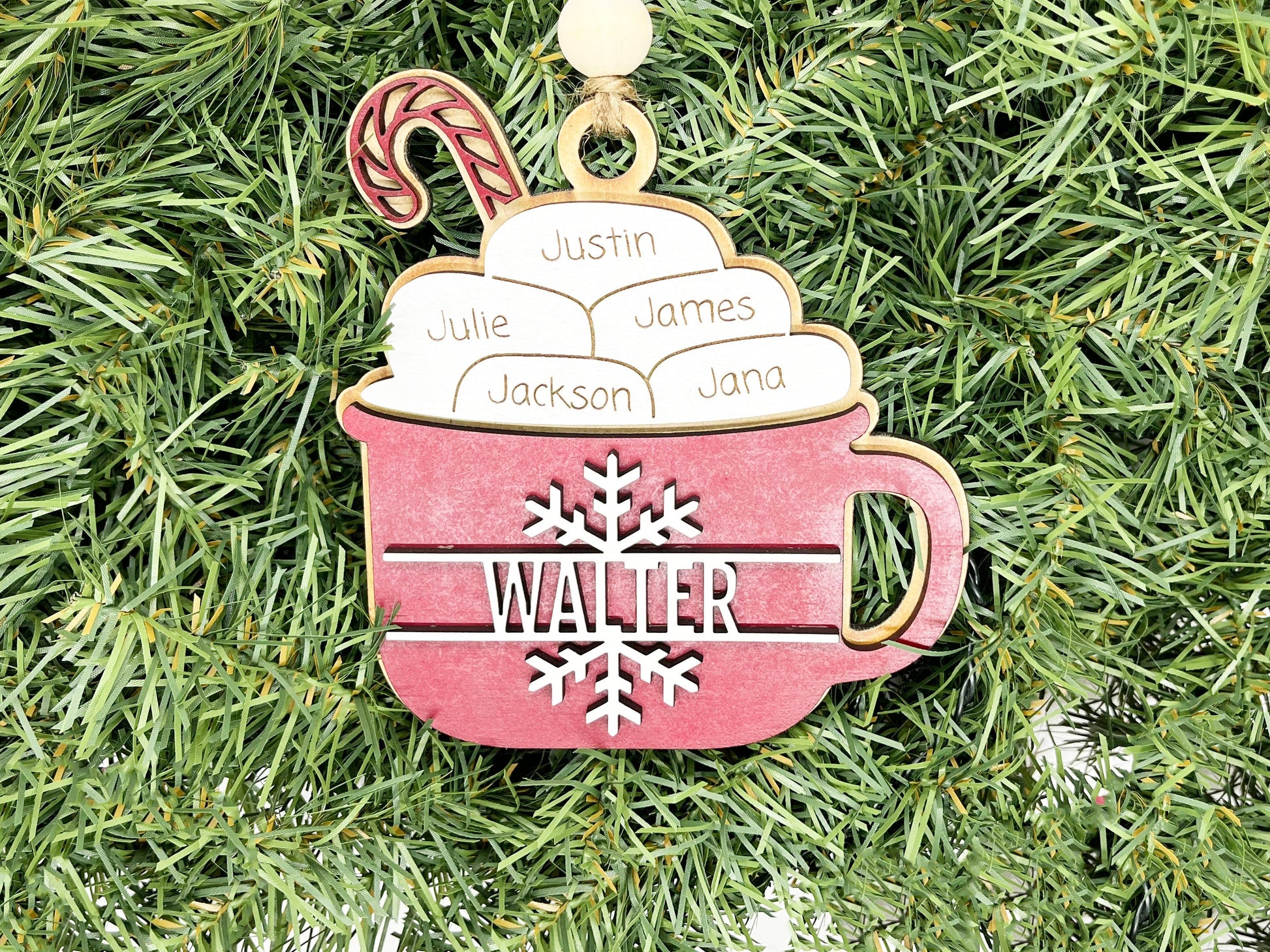 Hot Cocoa Name Ornament - Family Names Ornament, Wood Ornament, Personalized Ornament, Name, Engraved Wooden Christmas Ornament