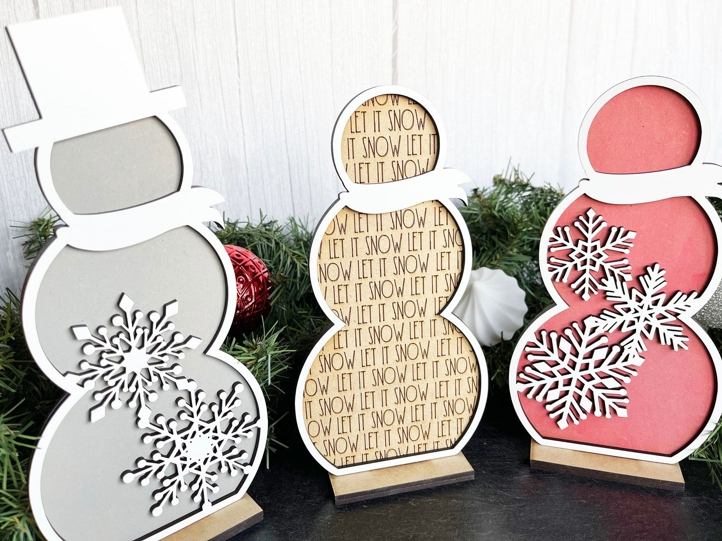 Christmas Decor - Snowmen Snowflake Large Stand Set - Snowflakes, Let It Snow, Top Hat, Snowman, Winter Decorations for Shelf, Home Decor,