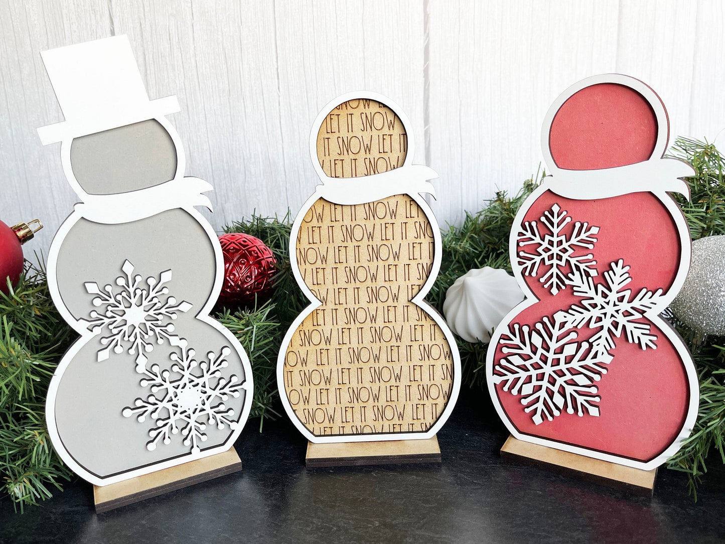 Christmas Decor - Snowmen Snowflake Large Stand Set - Snowflakes, Let It Snow, Top Hat, Snowman, Winter Decorations for Shelf, Home Decor,