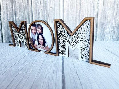 MOM Floral Pattern Photo Stand - Wood Picture Frame, Wooden Frame, Wood Frame, Photo Frame, Mother's Day, Wedding Décor, Home Décor