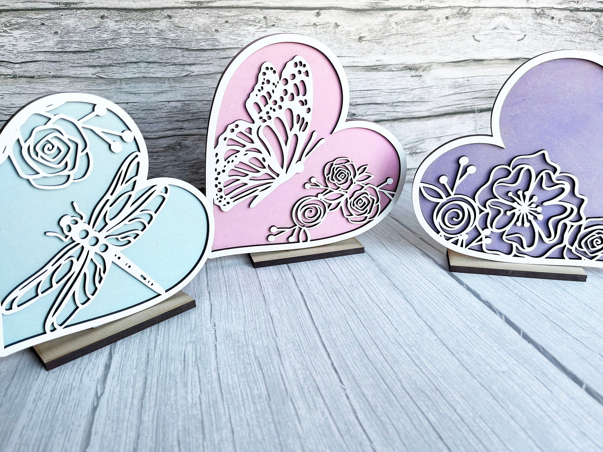 Shelf Home Decor - Butterfly Dragonfly Floral Hearts Stand Set - Floral Hearts, Butterfly, Mantel Decor, All Seasons Decorations for Shelf