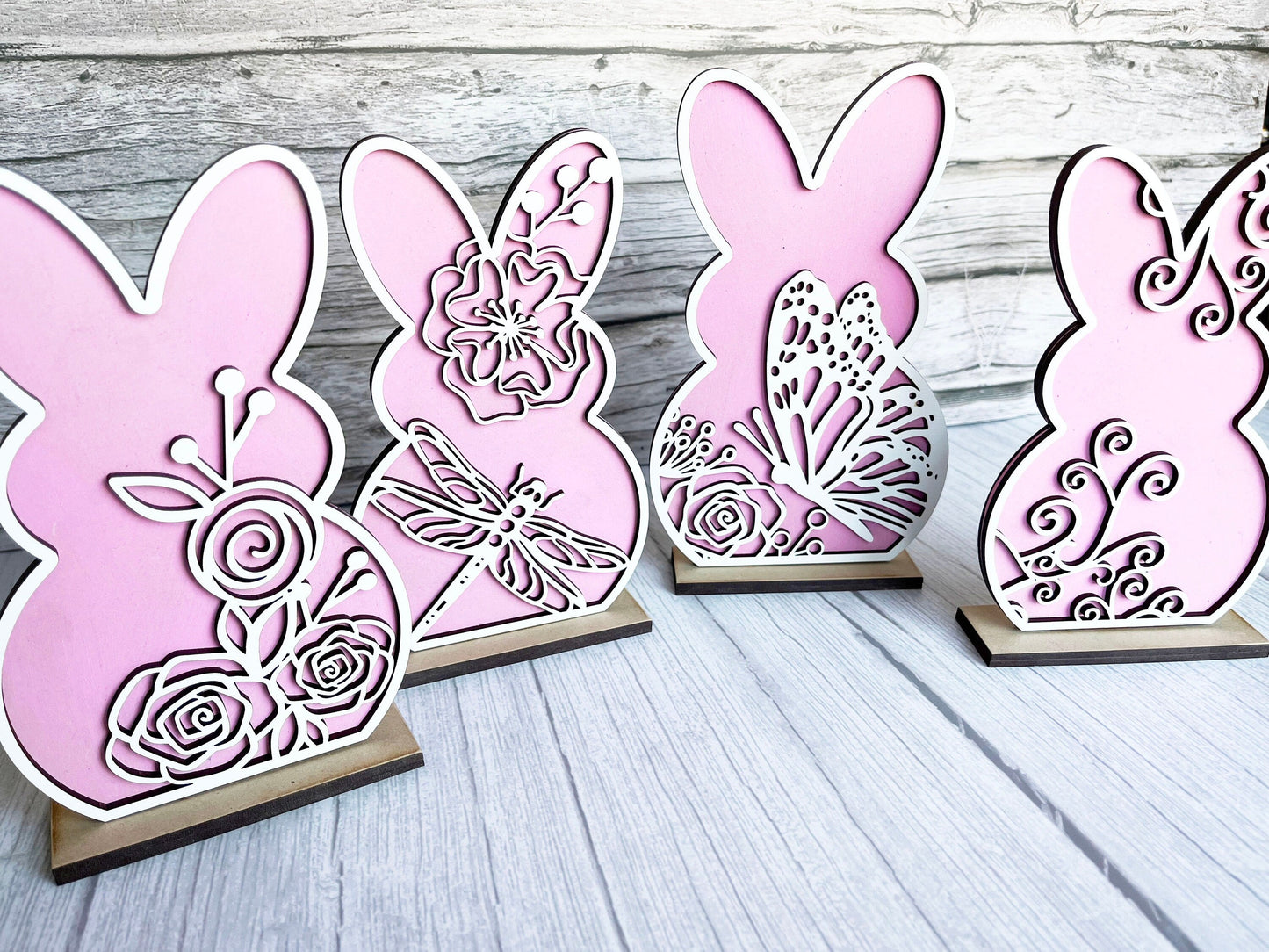 Spring Home Decor - Spring Flower Dragonfly Bunnies Stand Set, Dragonfly Bunny, Butterfly, Mantel Decor, All Seasons Decorations for Shelf