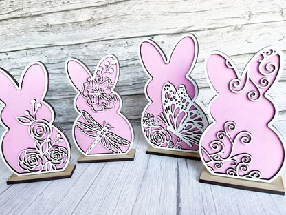 Spring Home Decor - Spring Flower Dragonfly Bunnies Stand Set, Dragonfly Bunny, Butterfly, Mantel Decor, All Seasons Decorations for Shelf