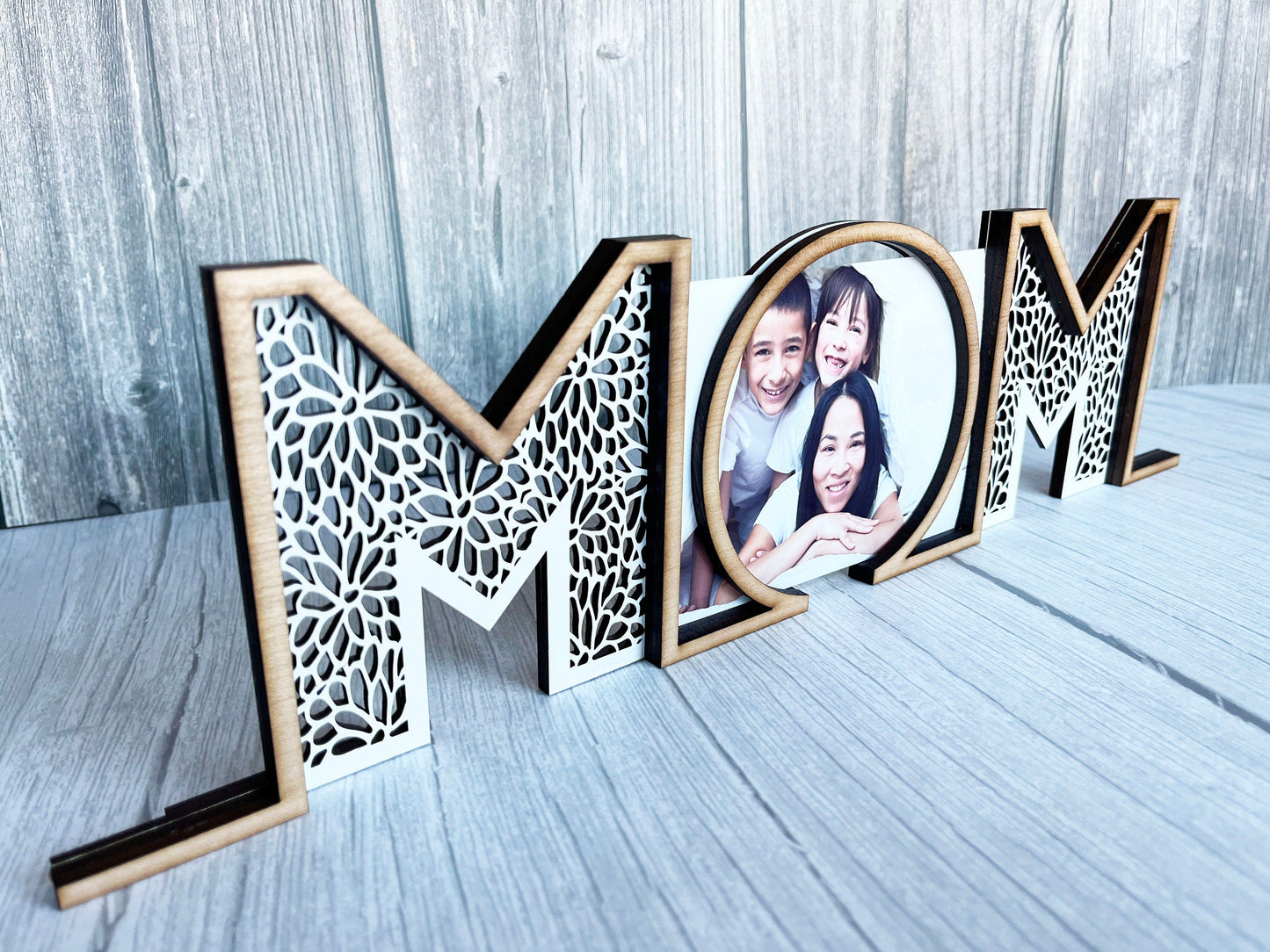 MOM Floral Pattern Photo Stand - Wood Picture Frame, Wooden Frame, Wood Frame, Photo Frame, Mother's Day, Wedding Décor, Home Décor