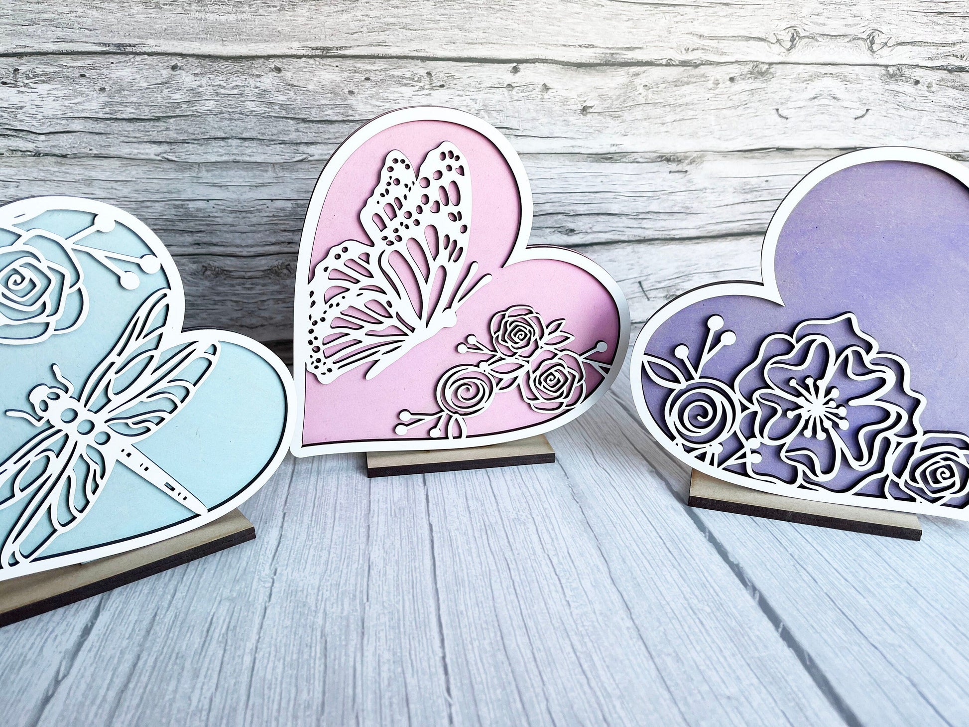 Shelf Home Decor - Butterfly Dragonfly Floral Hearts Stand Set - Floral Hearts, Butterfly, Mantel Decor, All Seasons Decorations for Shelf