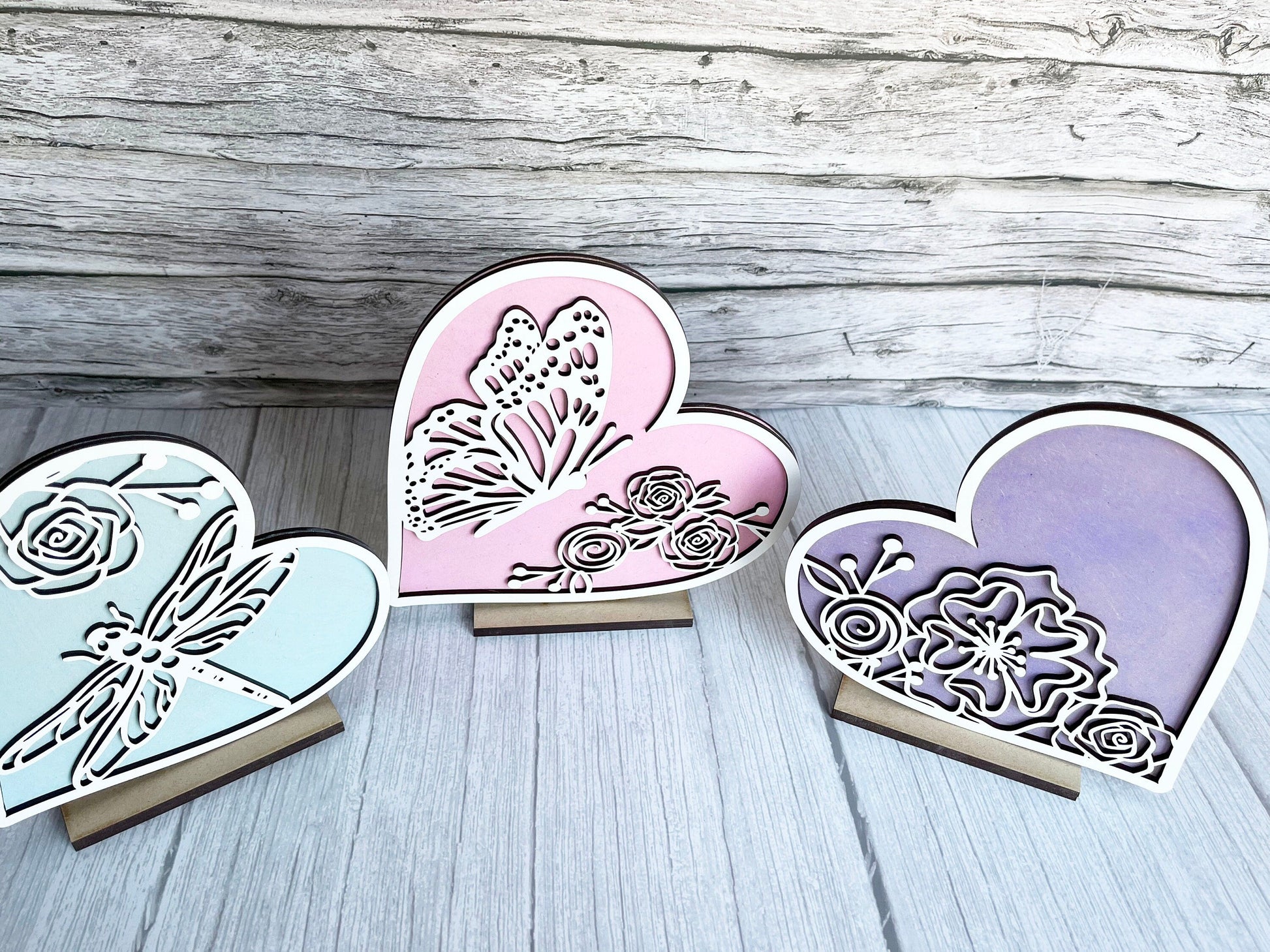 Shelf Home Decor - Butterfly Dragonfly Floral Hearts Stand Set - Floral Hearts, Butterfly, Mantel Decor, All Seasons Decorations for Shelf