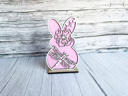 Spring Home Decor - Spring Flower Dragonfly Bunnies Stand Set, Dragonfly Bunny, Butterfly, Mantel Decor, All Seasons Decorations for Shelf