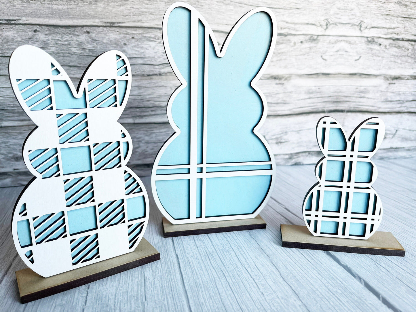 Spring Home Decor - Spring Plaid Bunnies Stand Set, Stripe Bunny, Plaid Stipes, Mantel Decor, All Seasons Decorations for Shelf, Easter