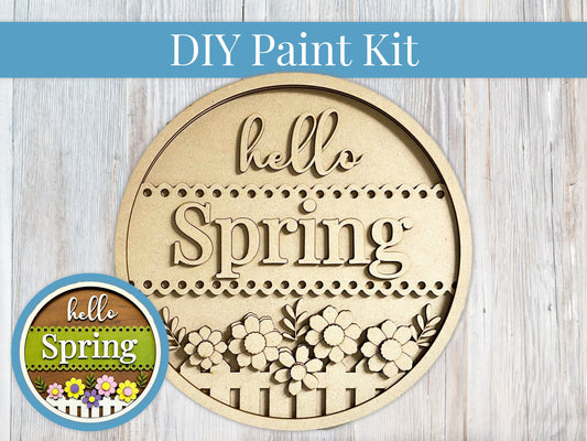 DIY Paint Kit - Hello Spring Flowers Fence Sign, Wood Sign, Paint at Home, Craft Kit, Make Your Own, Paint Your Own, Paint Party