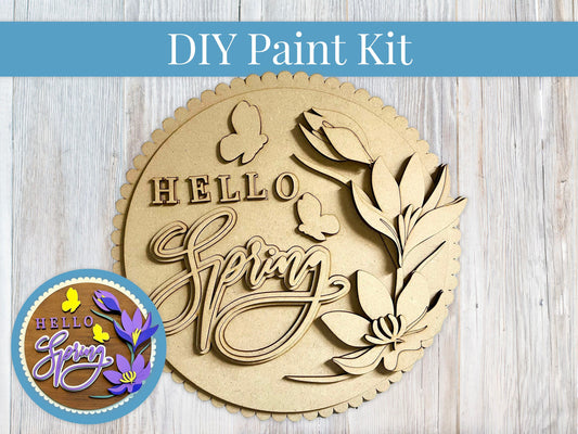 DIY Paint Kit - Hello Spring Flowers Crocus Sign, Wood Sign, Paint at Home, Craft Kit, Make Your Own, Paint Your Own, Paint Party