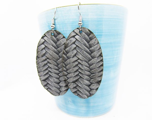 Oval Solid Fishtail Leather Earring Ash Gray