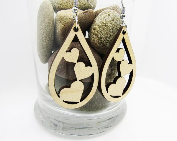 Three Hearts Teardrop Wood Earring