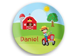 Happy Farm Boy Girl Barn Tractor Plate