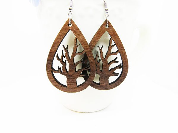 Teardrop Cutout Tree Wood Earrings