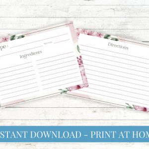 Floral Pink Watercolor Recipe Card Printable