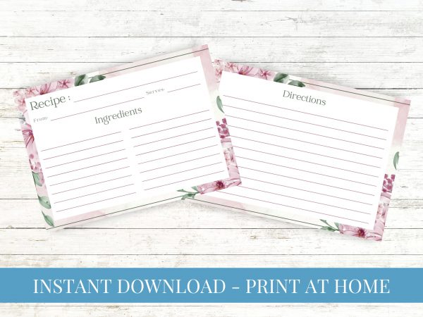 Floral Pink Watercolor Recipe Card Printable