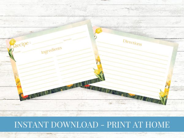 Yellow Tulips Watercolor Recipe Card Printable