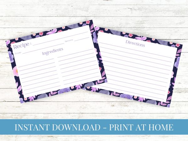 Purple Floral Watercolor Recipe Card Printable