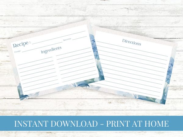 Blue Hydrangea Watercolor Recipe Card Printable