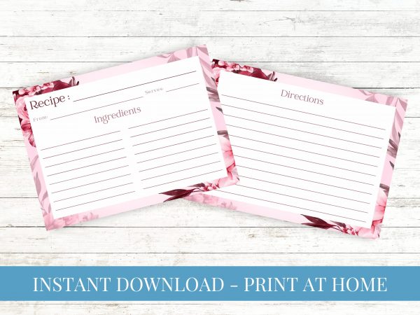 Pink Watercolor Floral Recipe Card Printable